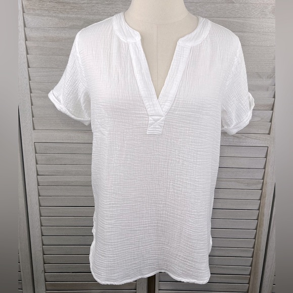 BOBI LOS ANGELES Rolled Sleeve V Neck Henley Top (White)-Various Sizes - Picture 1 of 2